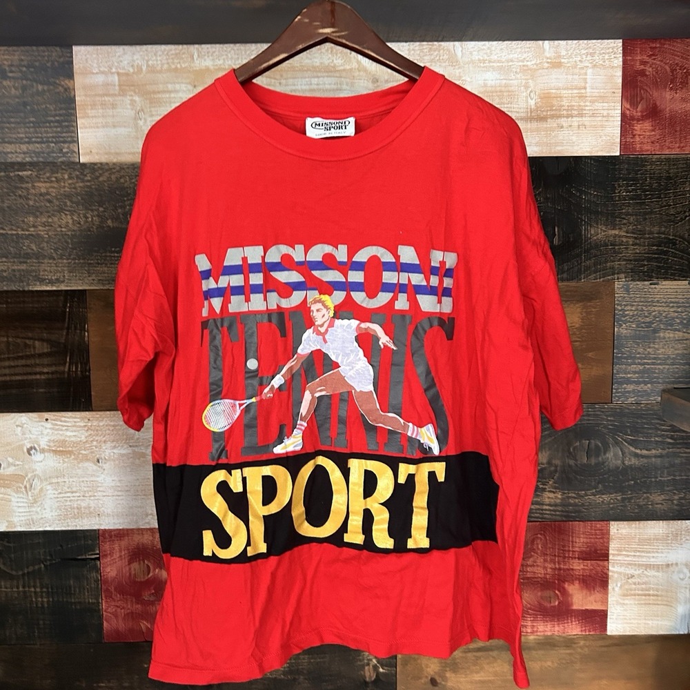 Vintage Missoni Sport Graphic T Shirt Tennis 90s Red Large Mens Made in Italy
